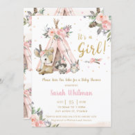 Cute Woodland Animals Boho Tribal Girl Baby Shower Invitation