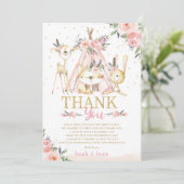 Cute Woodland Animals Boho Tribal Girl Baby Shower Thank You Card (Standing Front)