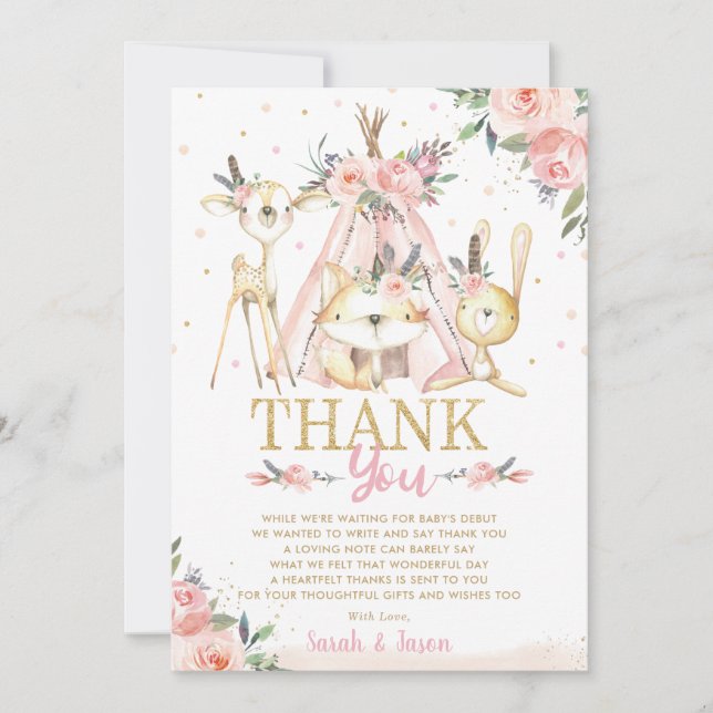 Cute Woodland Animals Boho Tribal Girl Baby Shower Thank You Card (Front)