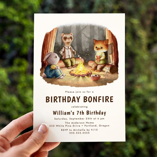 Cute Woodland Animals Bonfire Camping Birthday Invitation