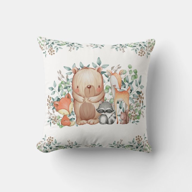 Cute Woodland Animals / Botanical Forest Nursery Throw Pillow (Front)