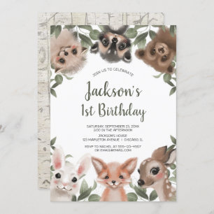 Cute woodland animals boys 1st birthday party invitation