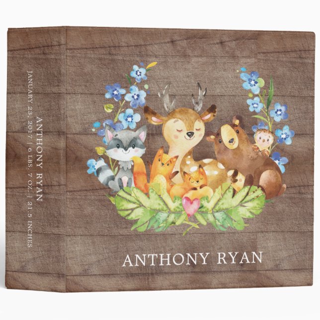 Cute Woodland Animals Boys Baby Photo Album 3 Ring Binder (Front/Spine)