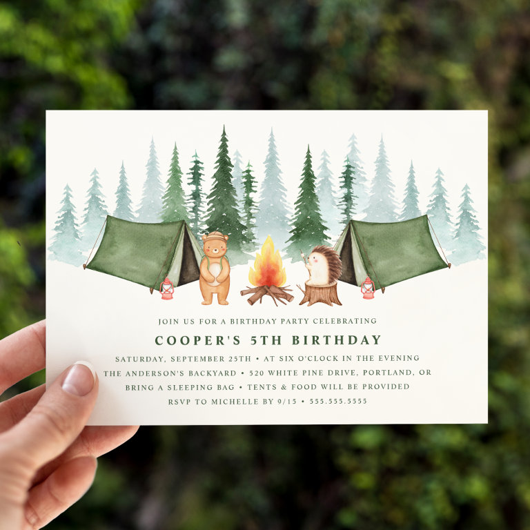 Cute Woodland Animals Camping Birthday Party Invitation