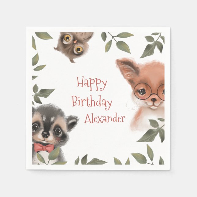 Cute Woodland Animals Children's Birthday Party Napkins (Front)