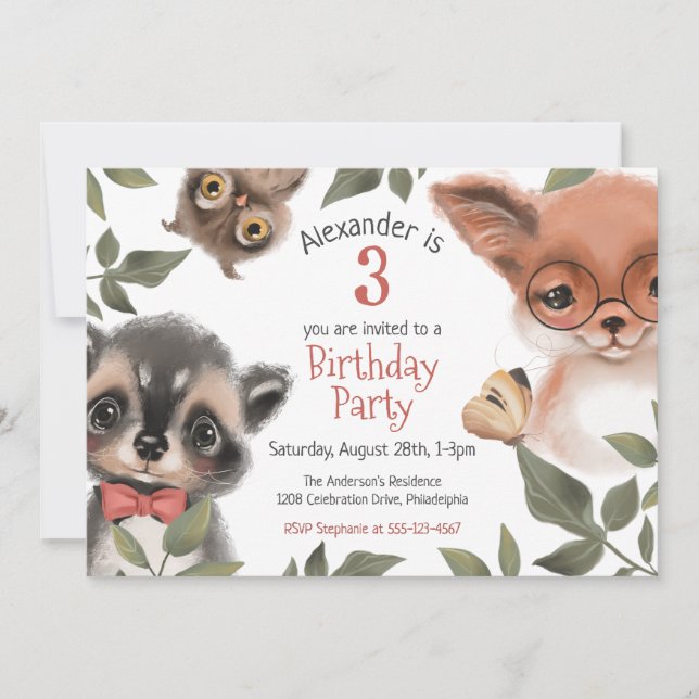 Cute Woodland Animals Child's 3rd Birthday Party Invitation (Front)