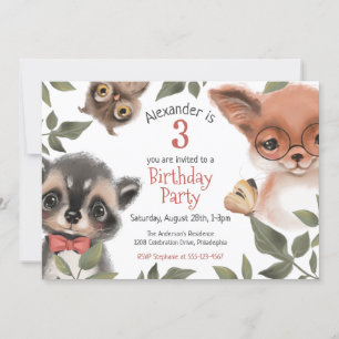 Cute Woodland Animals Child's 3rd Birthday Party Invitation