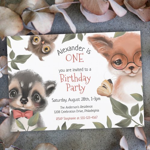 Cute Woodland Animals Childs First Birthday Party Invitation