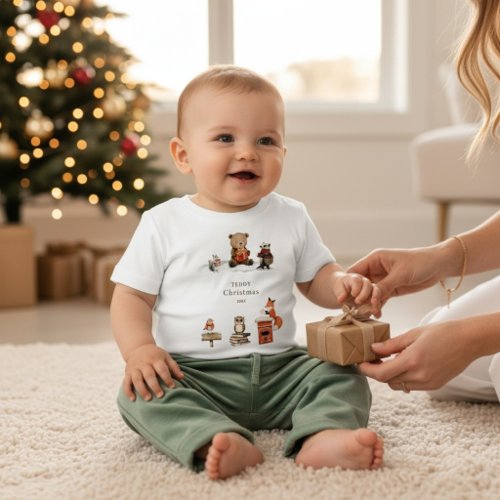 Cute Woodland Animals Christmas Teddy Bear Snow Baby T-Shirt