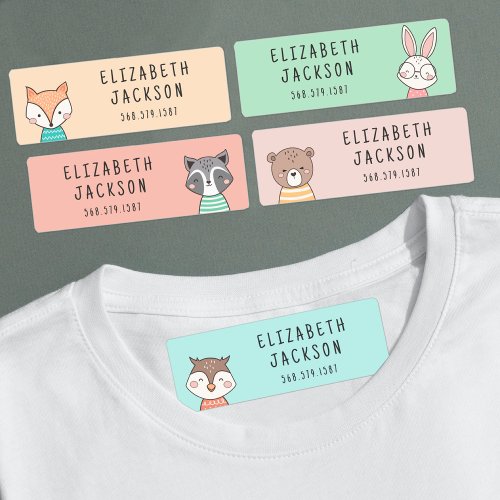 Cute woodland animals colorful kids name labels
