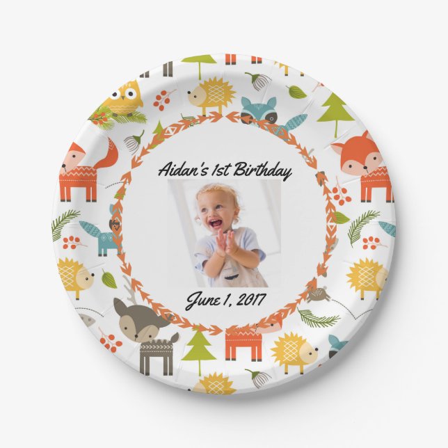 Cute Woodland Animals Custom Photo Party Plates (Front)
