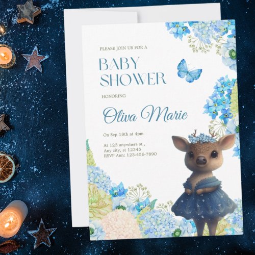 Cute Woodland Animals Deer Blue Floral Baby Shower Invitation