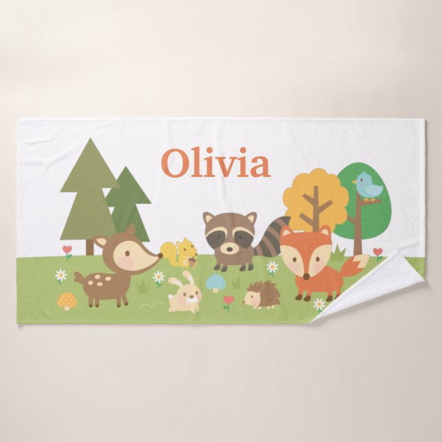 Cute Woodland Animals Deer Fox Raccoon Kids Bath Towel (Bath Towel)