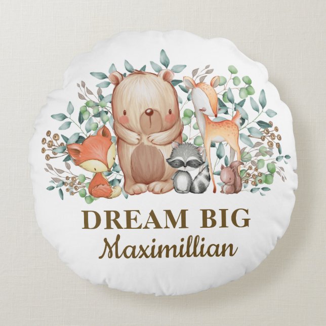 Cute Woodland Animals / Dream Big Baby Boy Nursery Round Pillow (Front)