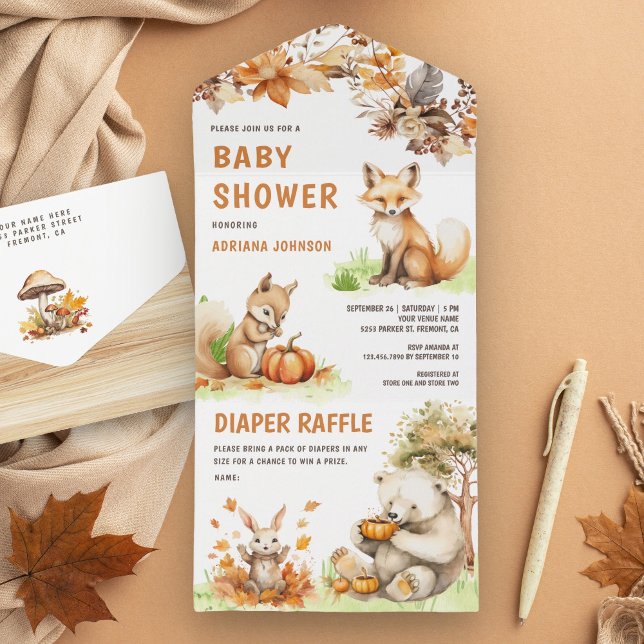 Cute Woodland Animals Fall Autumn Baby Shower All In One Invitation (Creator Uploaded)