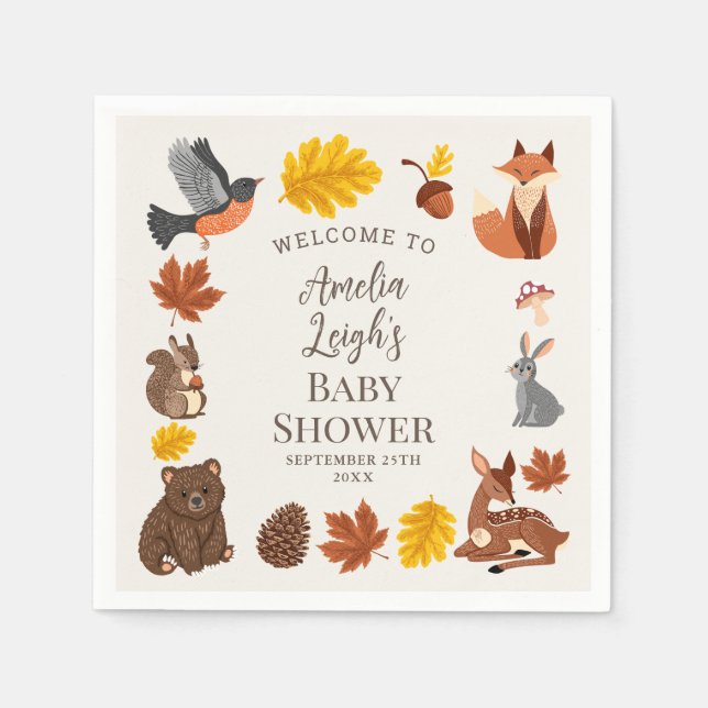 Cute Woodland Animals Fall Autumn Baby Shower  Napkins (Front)