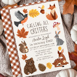Cute Woodland Animals Fall Autumn Kids Birthday Invitation<br><div class="desc">This cute, kids birthday invitation features woodland animals, such as a squirrel, fox, bear, deer, robin, and bunny, along with autumn leaves, mushrooms, pinecones, and acorn with the text "Calling all Critters". The reverse side features an autumn orange plaid pattern. Personalize for your needs. You can find more matching products...</div>