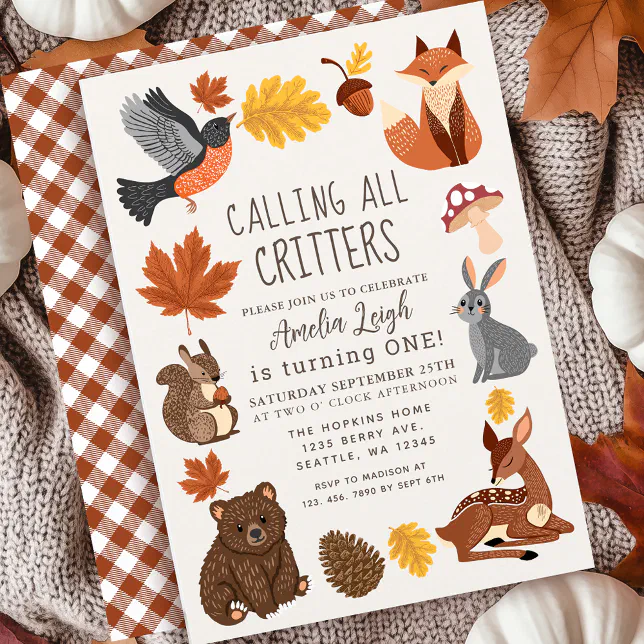 Cute Woodland Animals Fall Autumn Kids Birthday Invitation | Zazzle