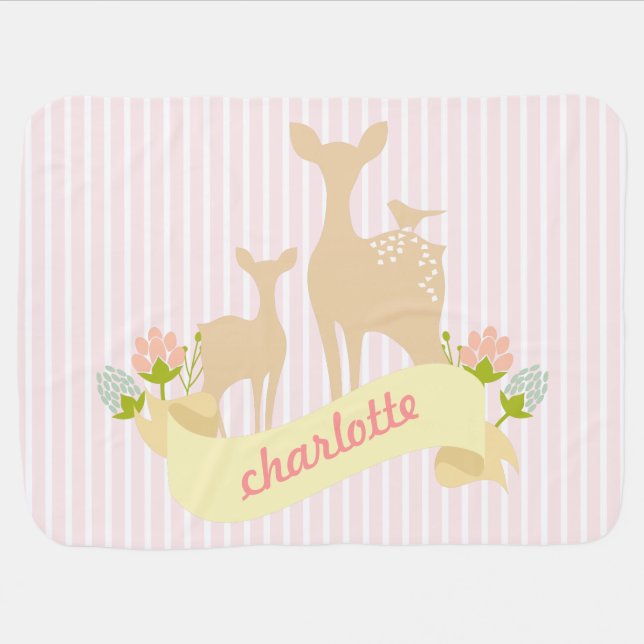 Cute Woodland Animals Fawn & Flowers Personalized Baby Blanket (Horizontal)