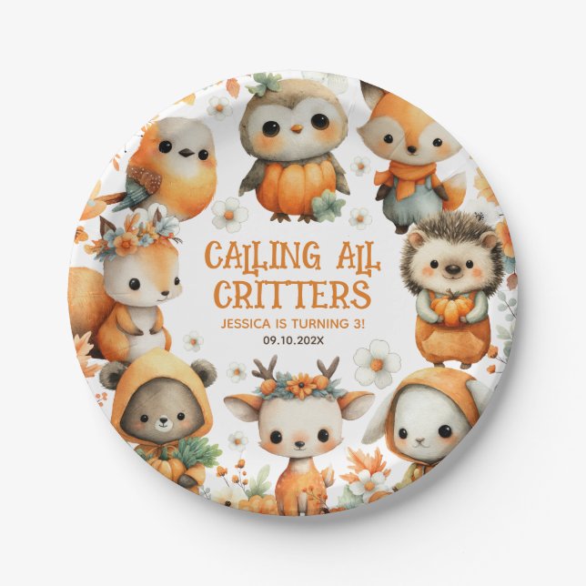 Cute Woodland Animals Festive Autumn Kids Birthday Paper Plates (Front)