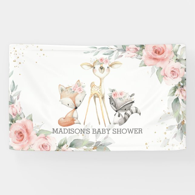 Cute Woodland Animals Floral Baby Shower Backdrop Banner (Horizontal)