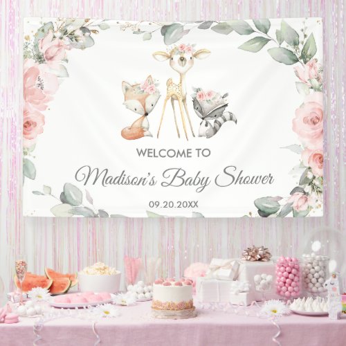 Cute Woodland Animals Floral Baby Shower Backdrop Banner