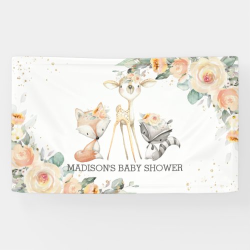 Cute Woodland Animals Floral Baby Shower Backdrop  Banner