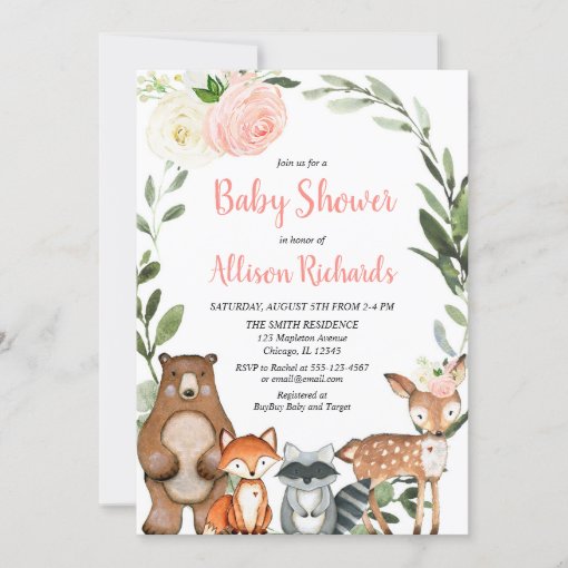 Cute woodland animals floral girl baby shower invitation | Zazzle