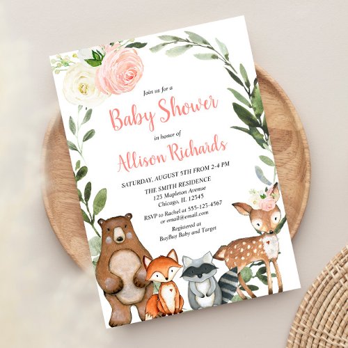 Cute woodland animals floral girl baby shower invitation