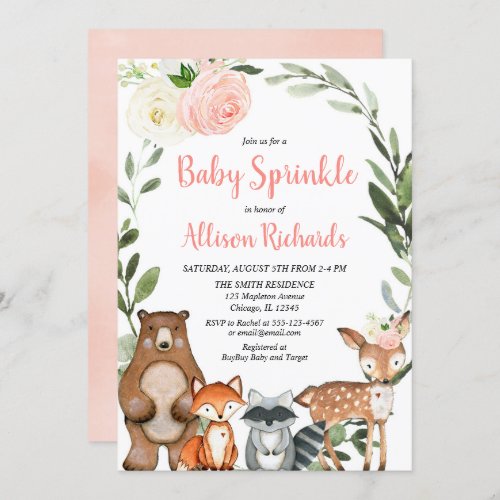 Cute woodland animals floral girl baby sprinkle invitation