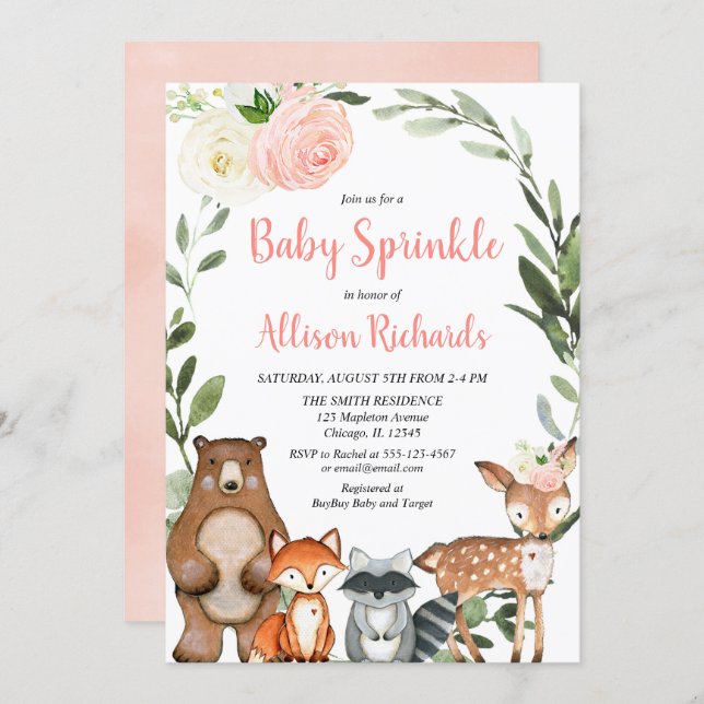 Cute woodland animals floral girl baby sprinkle invitation (Front/Back)