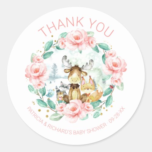 Cute Woodland Animals Floral Greenery Baby Shower Classic Round Sticker