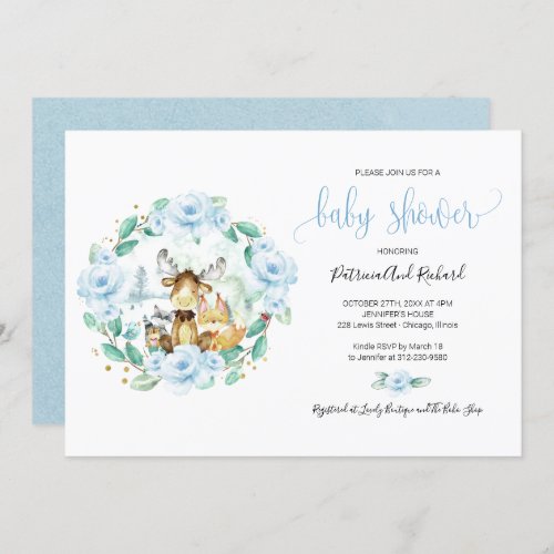 Cute Woodland Animals Floral Greenery Baby Shower Invitation