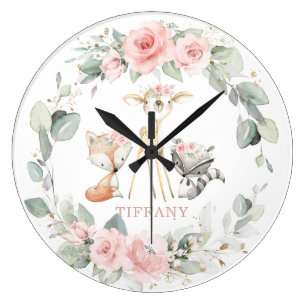 Cute Woodland Animals Floral Greenery Girl Nursery Large Clock