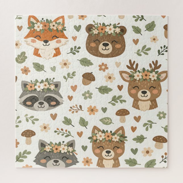 Cute Woodland Animals Floral Pattern Jigsaw Puzzle (Vertical)