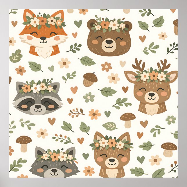 Cute Woodland Animals Floral Pattern Poster (Front)