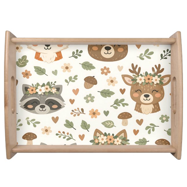Cute Woodland Animals Floral Pattern Serving Tray (Front)