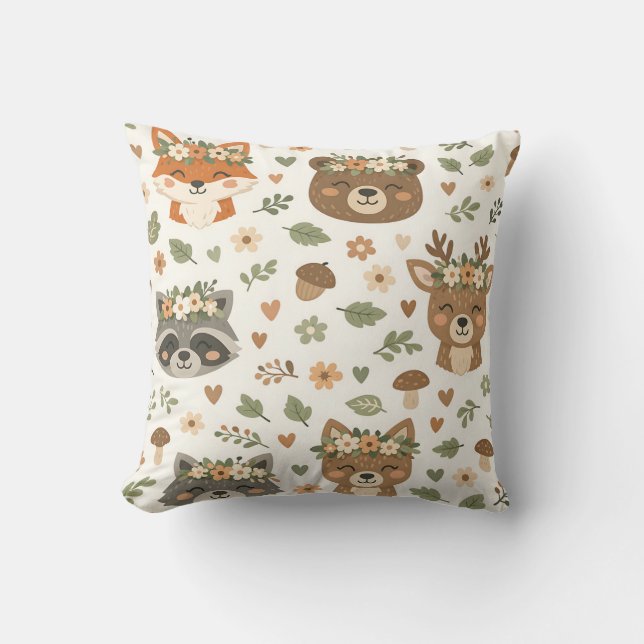 Cute Woodland Animals Floral Pattern Throw Pillow (Front)