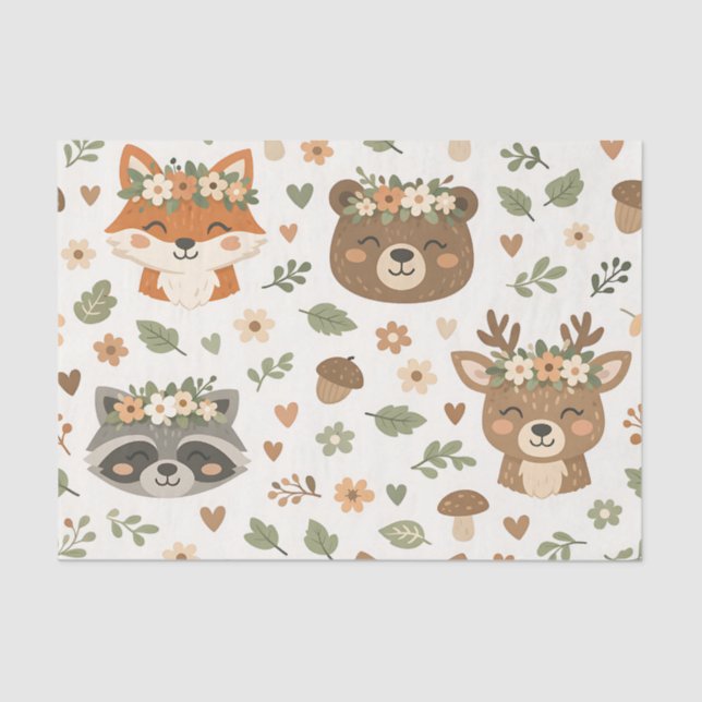 Cute Woodland Animals Floral Pattern Tissue Paper (Front)