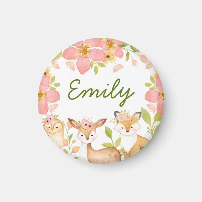 Cute Woodland Animals Floral Personalized Magnet (Front)