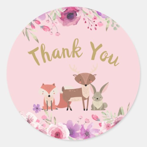 Cute Woodland Animals Floral Pink Thank You Classic Round Sticker