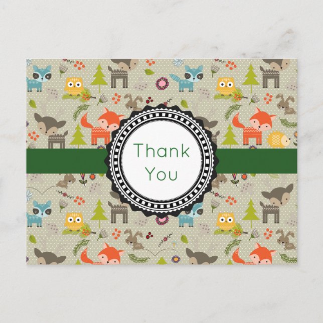 Cute Woodland Animals & Flowers Pattern Thank You Postcard (Front)