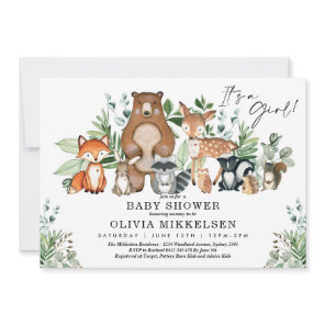 Cute Woodland Animals Forest Girl Baby Shower Invitation