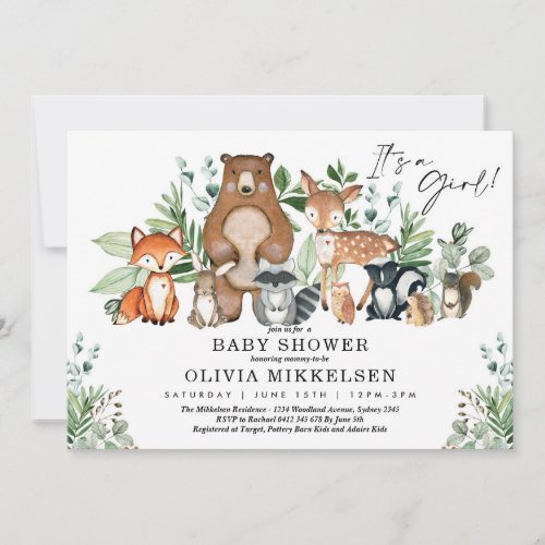 Cute Woodland Animals Forest Girl Baby Shower Invitation