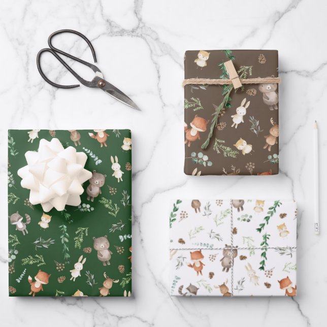 Cute Woodland Animals Forest Greenery Baby Shower Wrapping Paper Sheets (Front)