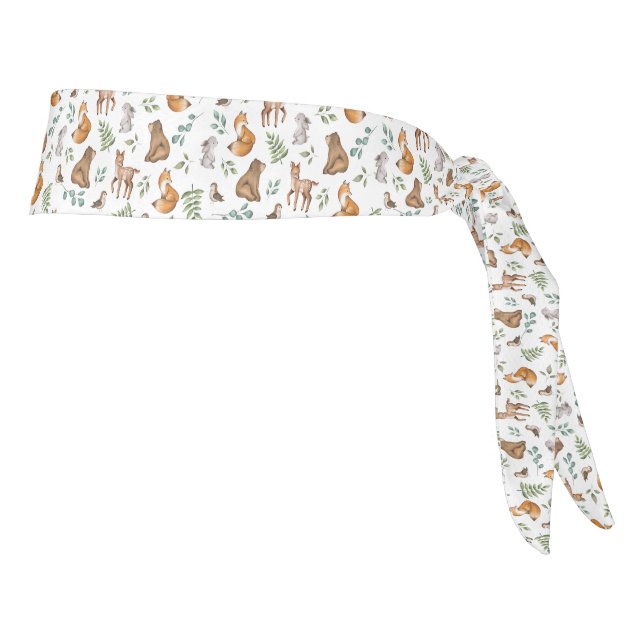 Cute Woodland Animals Forest Greenery Pattern Tie Headband (Rotate 90)