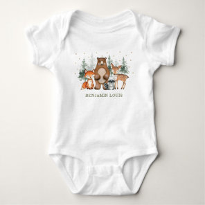 Cute Woodland Animals Forest Pine Trees Greenery Baby Bodysuit