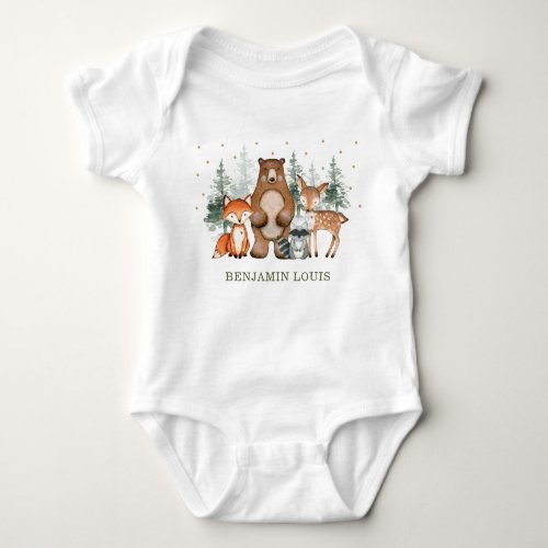 Cute Woodland Animals Forest Pine Trees Greenery Baby Bodysuit