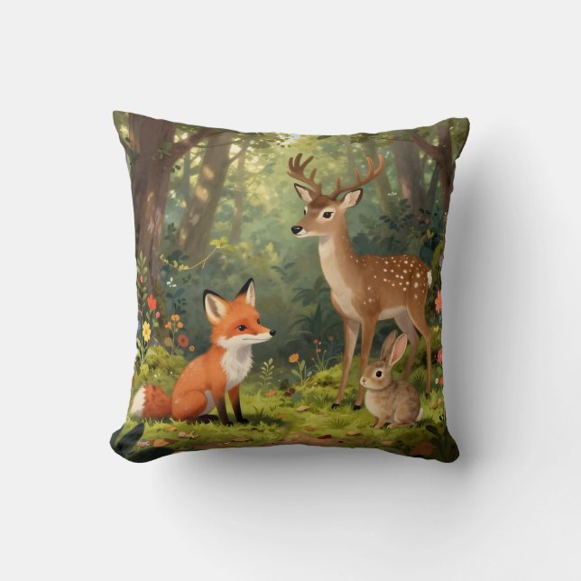 Cute Woodland Animals Forest Scene Throw Pillow (Front)