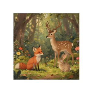 Cute Woodland Animals Forest Scene Wood Wall Art